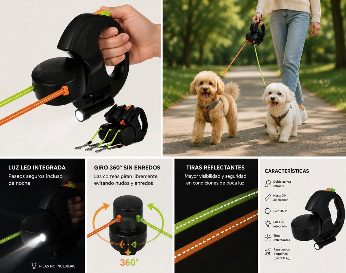 MIMOX™ DuoWalk — Correa Retráctil 3M para 2 Perros.